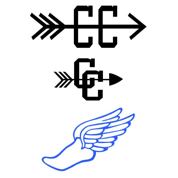 Three symbolic icons: two stylized arrow-and-letter glyphs and a blue winged foot representing speed or divine messenger.