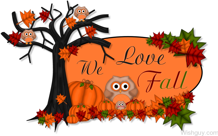 Autumn-themed illustration with owls, pumpkins, colorful leaves, and a "We Love Fall" sign on a black background.