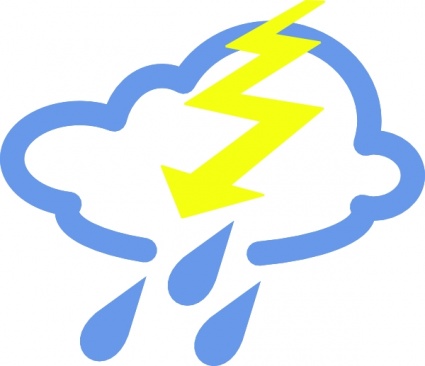 Blue cloud with yellow lightning bolt and raindrops indicating a thunderstorm.