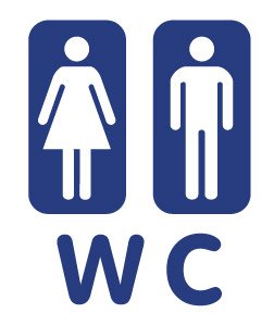 Blue restroom sign with female and male pictograms and "WC" text below.