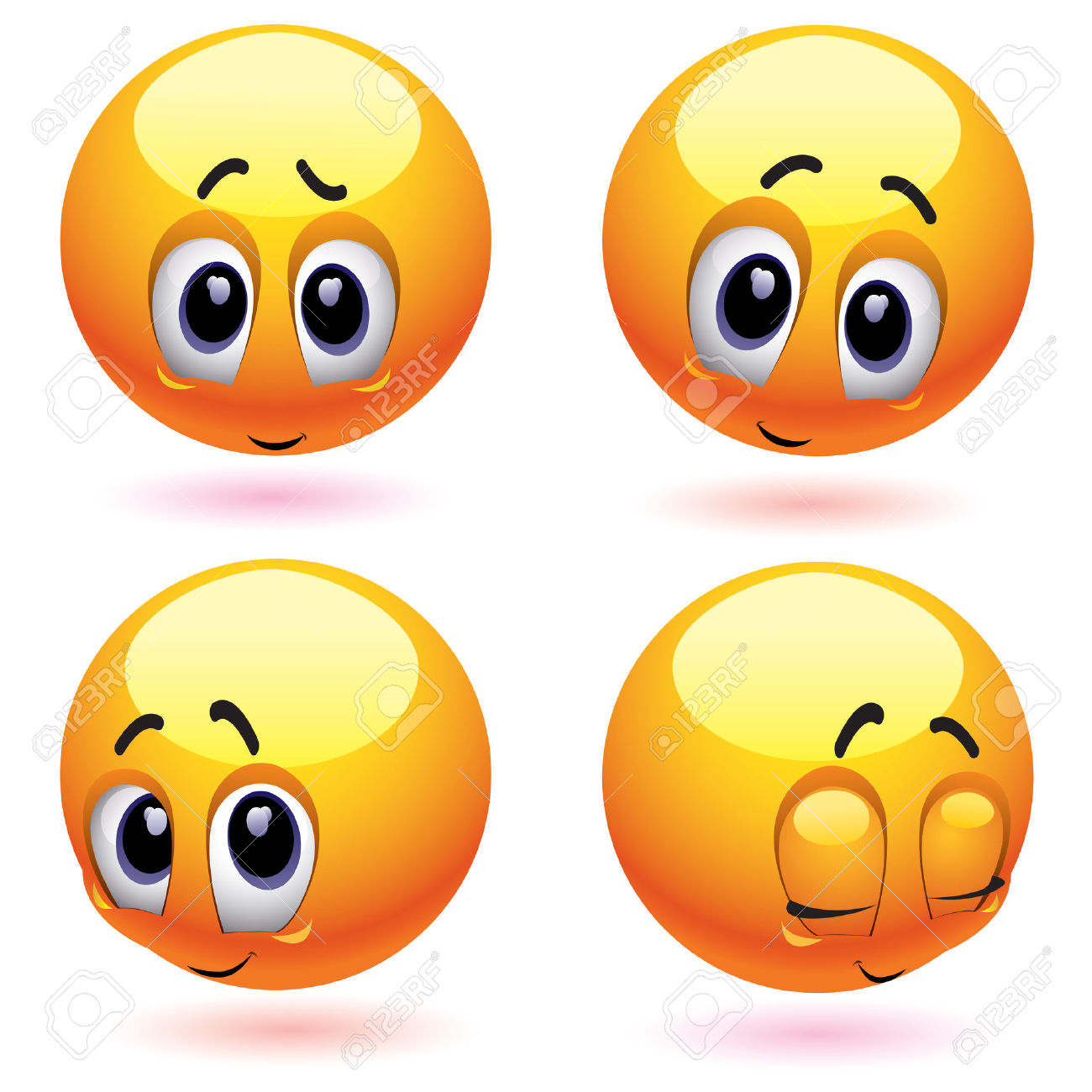 Four expressive yellow-orange emoji faces showing worry, curiosity, shyness, and laughter.