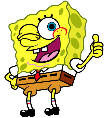 SpongeBob SquarePants giving a thumbs-up with a joyful wink and wide smile, wearing his iconic white shirt, red tie, and brown pants.