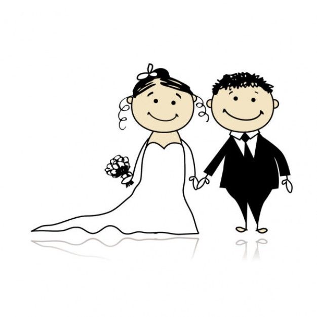 Smiling cartoon bride and groom holding hands, bride in white gown with bouquet, groom in black suit.