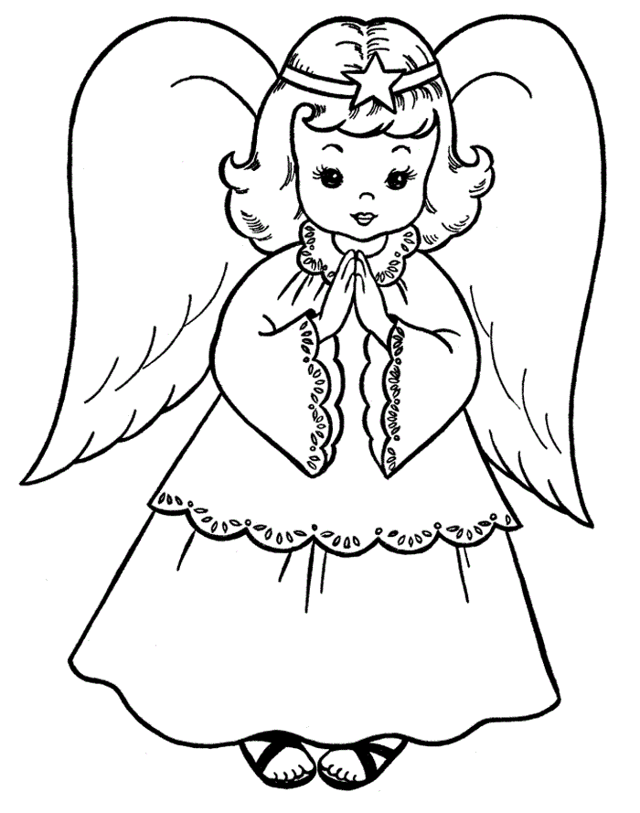 Black-and-white line drawing of a praying angel girl with wings, star headband, and lace-trimmed dress.