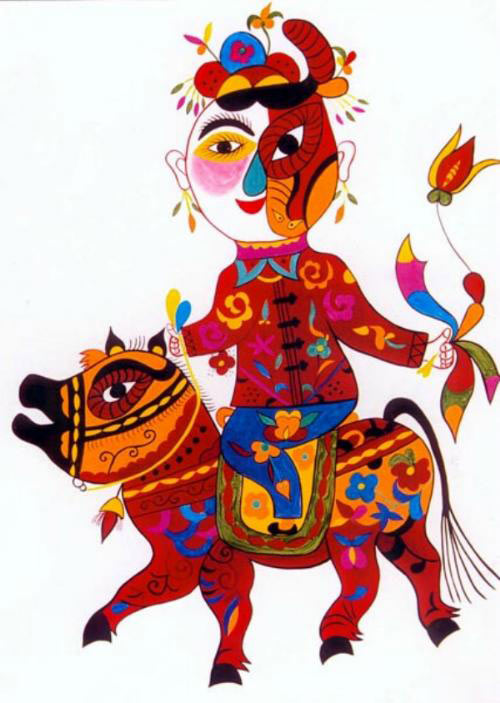 Vibrant folk art illustration of a smiling figure in ornate red attire riding a decorated horse, holding colorful ribbons and flowers.