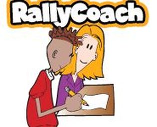 RallyCoach logo showing two students collaborating at a desk with a teacher guiding them.