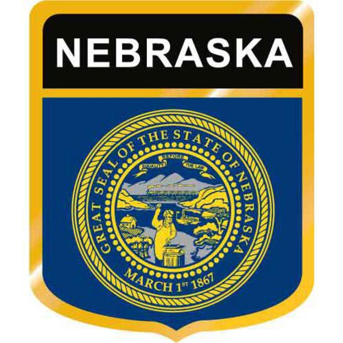 Official Nebraska state seal on a blue shield with gold border and "NEBRASKA" banner above.
