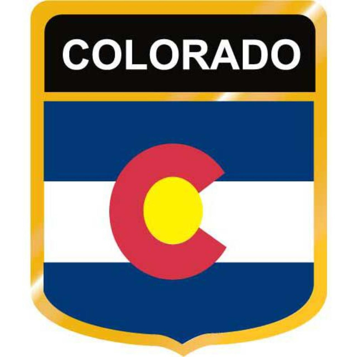 Colorado state flag shield emblem with "COLORADO" text on black banner and gold border.