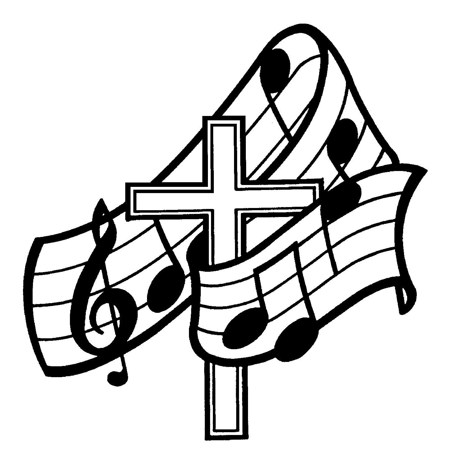 A Christian cross intertwined with flowing musical staffs, clefs, and notes, symbolizing sacred music or worship.