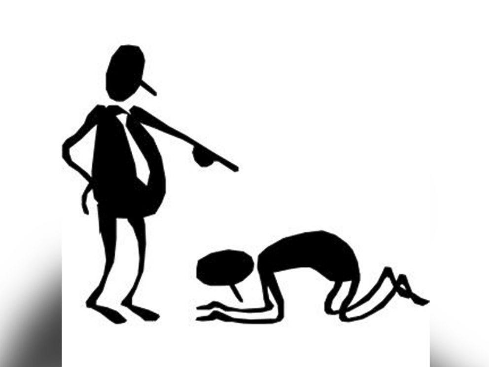 A silhouette of a dominant figure pointing down at another person kneeling submissively on the ground.