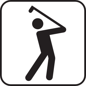 Black silhouette of a person mid-golf swing, holding a club overhead in a stylized icon.