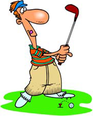 Cartoon golfer mid-swing with exaggerated features, wearing striped shirt and cap on green grass.