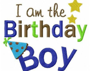 Colorful embroidered text "I am the Birthday Boy" with party hat and stars.