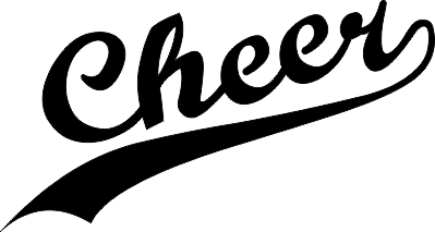 Stylish black-and-white "Cheer" logo in cursive script with dynamic swoosh underline, evoking energy and team spirit.
