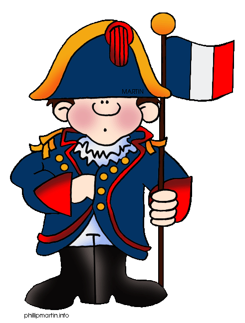 Cartoon French soldier in blue uniform with bicorne hat and tricolor flag, labeled "MARTIN".