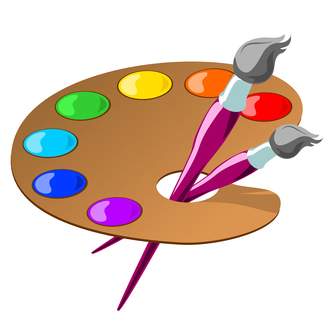 Wooden paint palette with six vibrant paint wells (green, yellow, orange, red, blue, purple) and two purple-handled brushes.