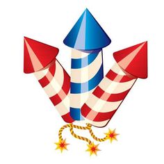 Three colorful cartoon-style fireworks rockets with red, white, and blue stripes, lit fuses, and spark effects.