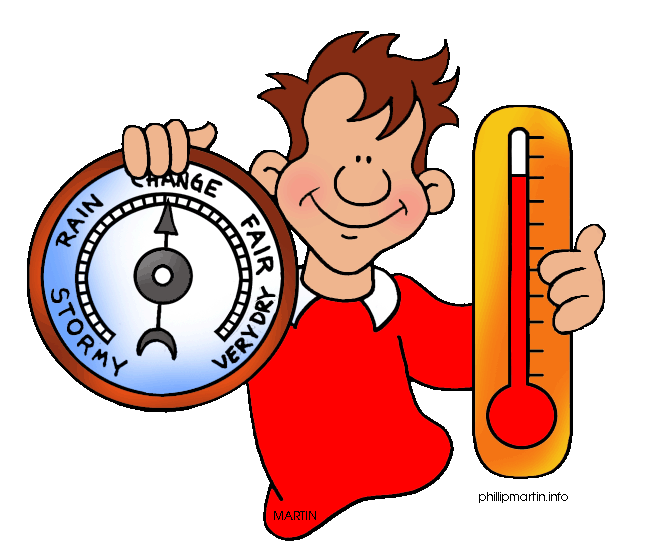 A smiling boy holds a weather dial (stormy to very dry) and a thermometer showing warm temperature.