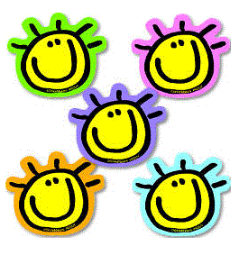 Five colorful cartoon suns with smiling faces and spiky rays on a white background.