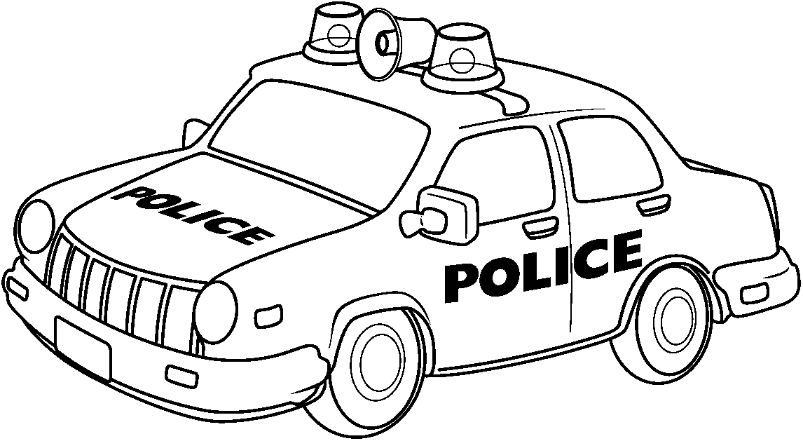 Black-and-white line drawing of a police car with sirens, "POLICE" text on hood and side, ready for coloring.