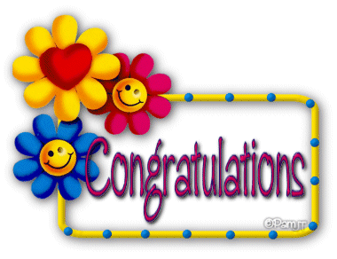 Colorful cartoon flowers with smiling faces and a heart, surrounding a "Congratulations" banner in playful font.