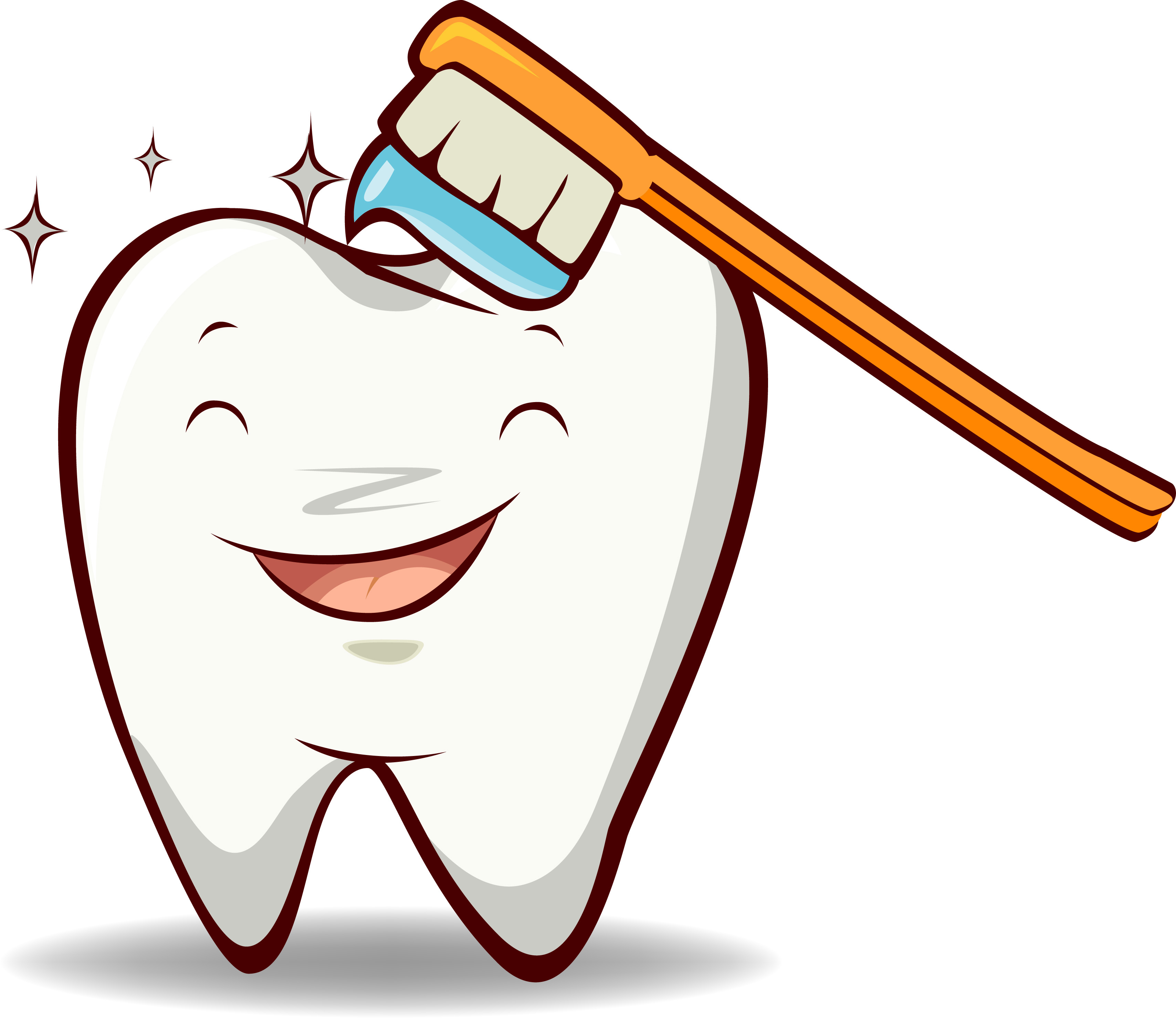 Happy cartoon tooth being brushed with an orange toothbrush, sparkling clean and smiling.