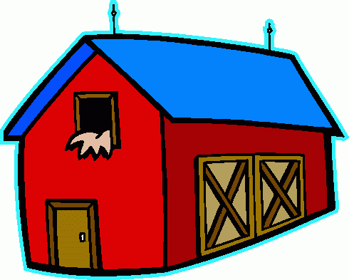 Red barn with blue roof, broken window with bat flying out, wooden doors and double hay doors.