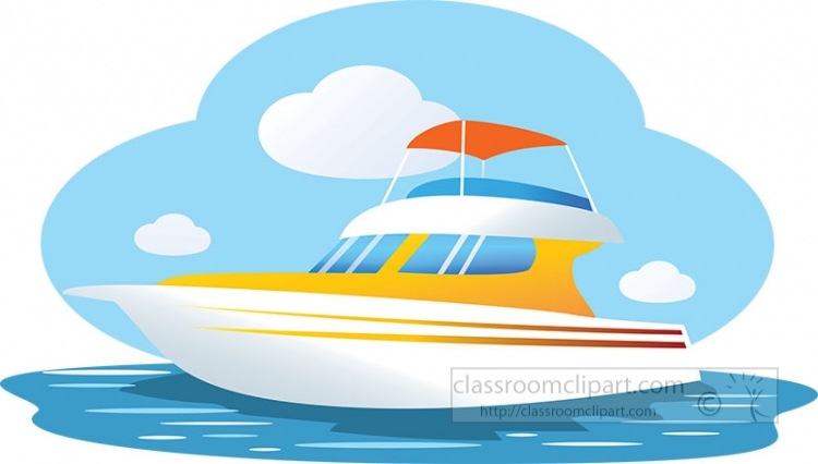 Yellow and white motor yacht with orange canopy sailing on blue water under a cloudy sky.
