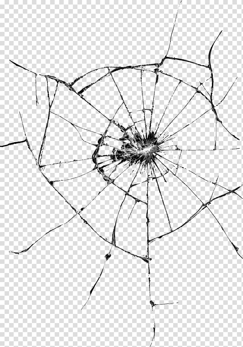 Shattered glass with radial cracks emanating from a central impact point, transparent background.