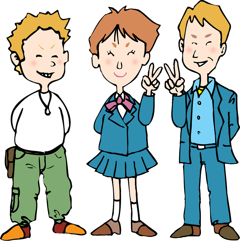 Three cheerful cartoon characters-casual boy, schoolgirl in uniform, and suited man-posing with peace signs against green background.