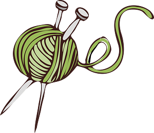Green yarn ball with two knitting needles inserted, loose strand curling outward on olive background.