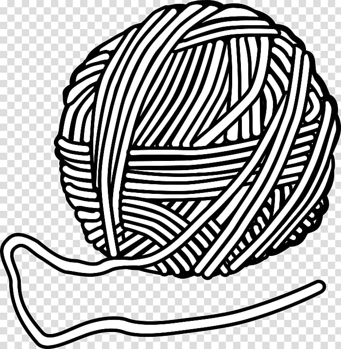 Black-and-white line drawing of a tangled ball of yarn with loose strand extending outward.