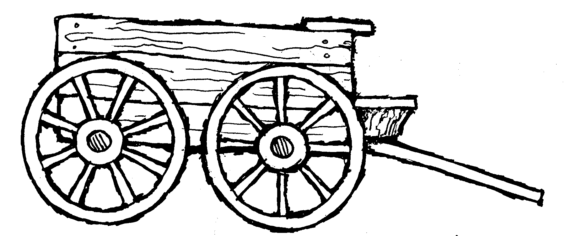 Hand-drawn black-and-white illustration of a rustic wooden wagon with two large spoked wheels and a long tongue.