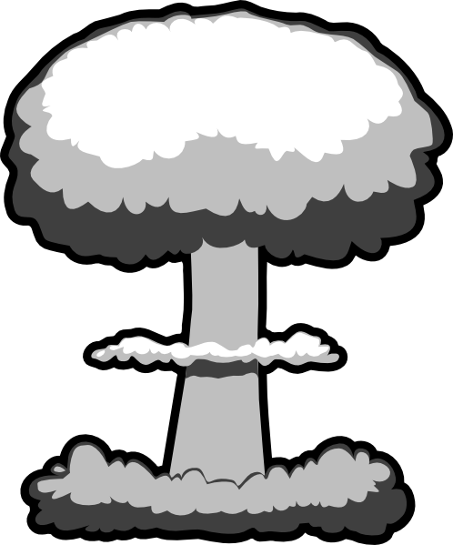 Stylized black-and-white mushroom cloud explosion illustration, iconic nuclear detonation symbol.