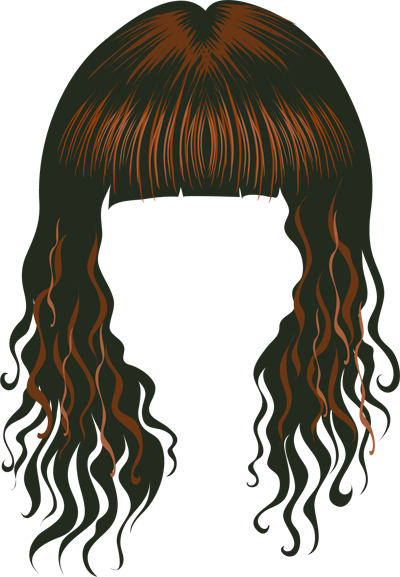 Stylized illustration of a person with reddish-brown hair, bangs, and long wavy strands framing a dark silhouette face.