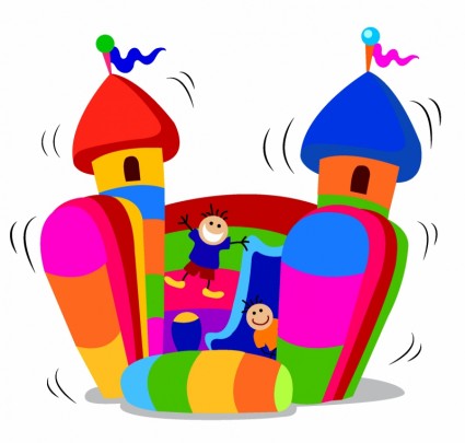 Colorful inflatable bouncy castle with two smiling children playing inside and on the slide.