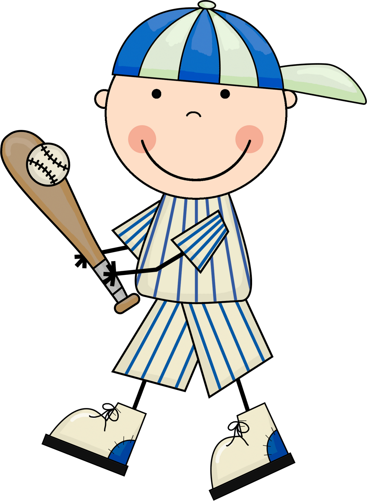 Smiling cartoon boy in blue-and-white striped baseball uniform holding bat and ball, wearing cap and cleats.