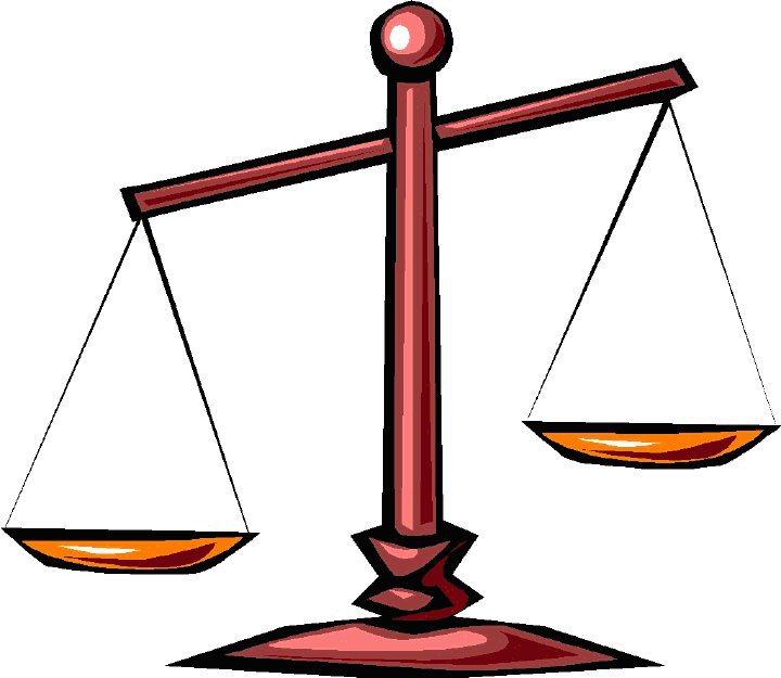 A red justice scale with two orange pans, one slightly lower, symbolizing imbalance or decision-making.