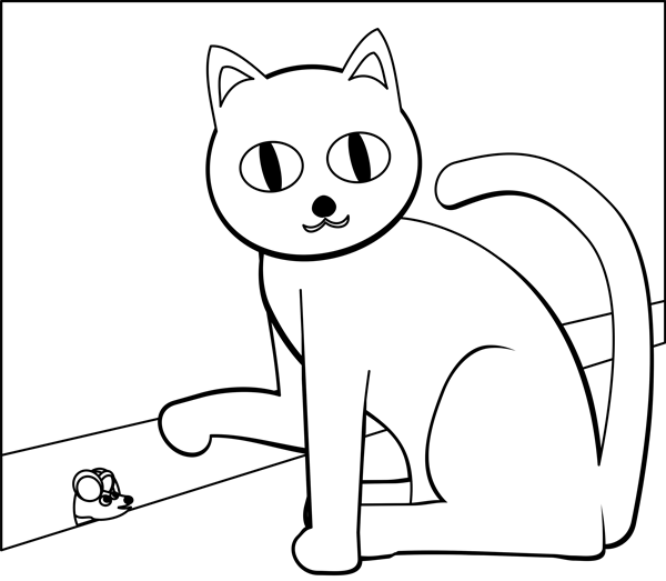 A cartoon cat sits alertly, watching a tiny mouse peeking from behind a wall corner.