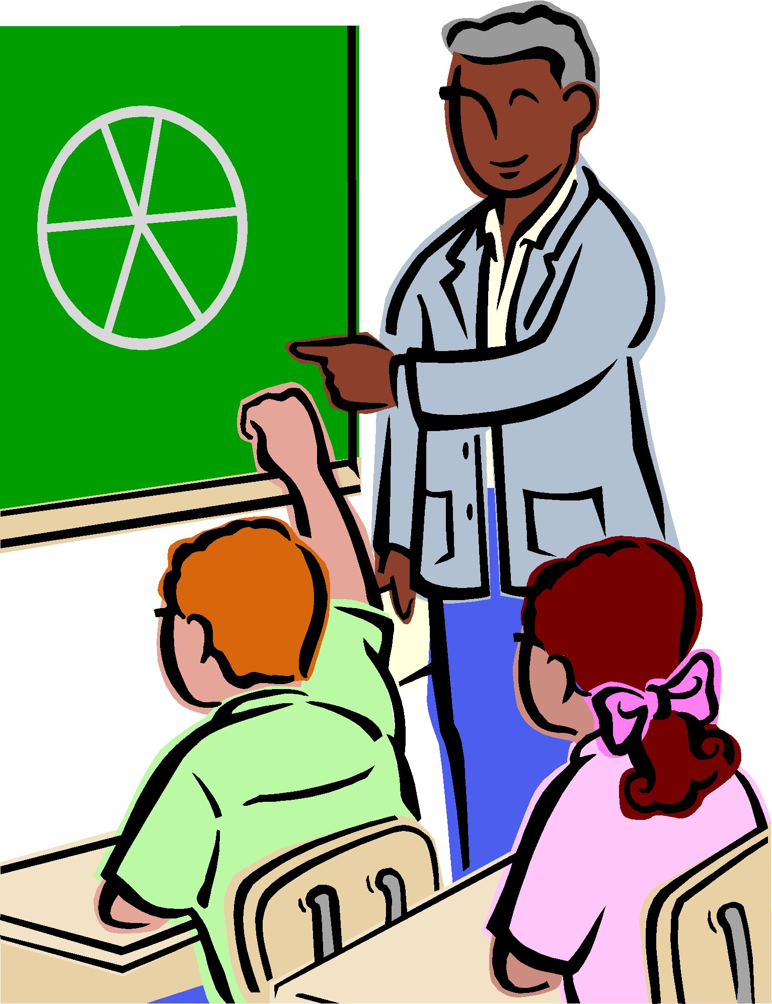 Teacher pointing at a pie chart on a green chalkboard while students raise hands in a classroom.