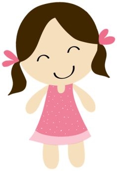 Smiling cartoon girl with brown pigtails, pink bows, and a sparkly pink dress.