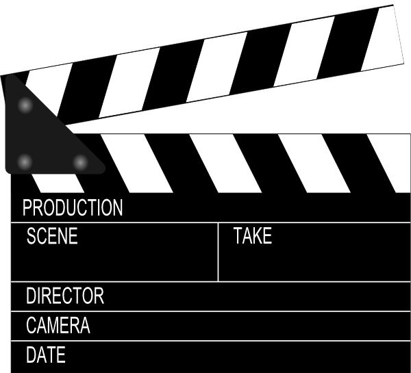 A black-and-white film clapperboard with labeled fields for production, scene, take, director, camera, and date.
