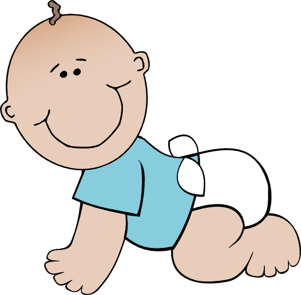 Smiling cartoon baby crawling in blue shirt and diaper, with one curl of hair.