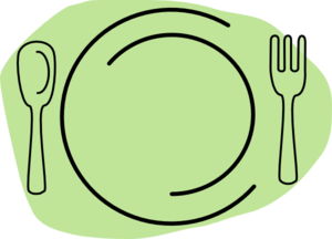 Green icon of a dinner setting with plate, fork, and spoon on a leaf-shaped background.
