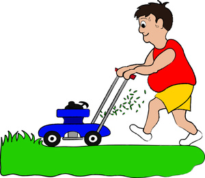 Boy in red shirt and yellow shorts pushing a blue lawnmower on green grass, clippings flying.