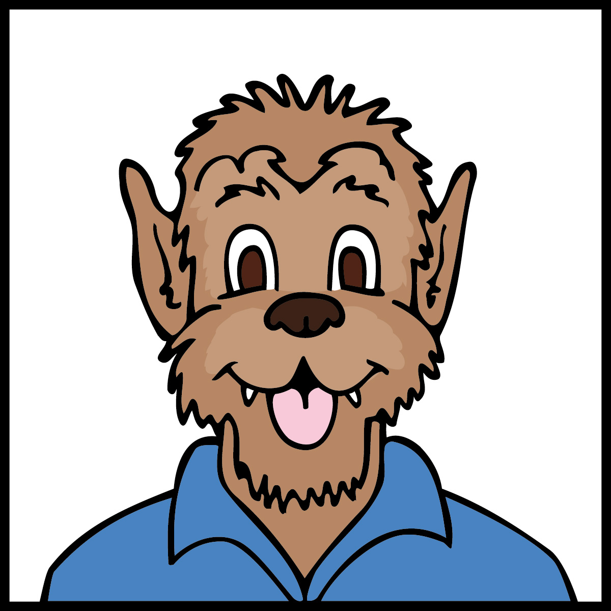 Friendly cartoon werewolf with pointy ears, fangs, and a blue shirt, smiling with tongue out.