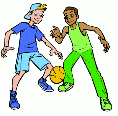 Two diverse boys playing soccer on a grassy field, one in blue, one in green, actively competing for the ball.