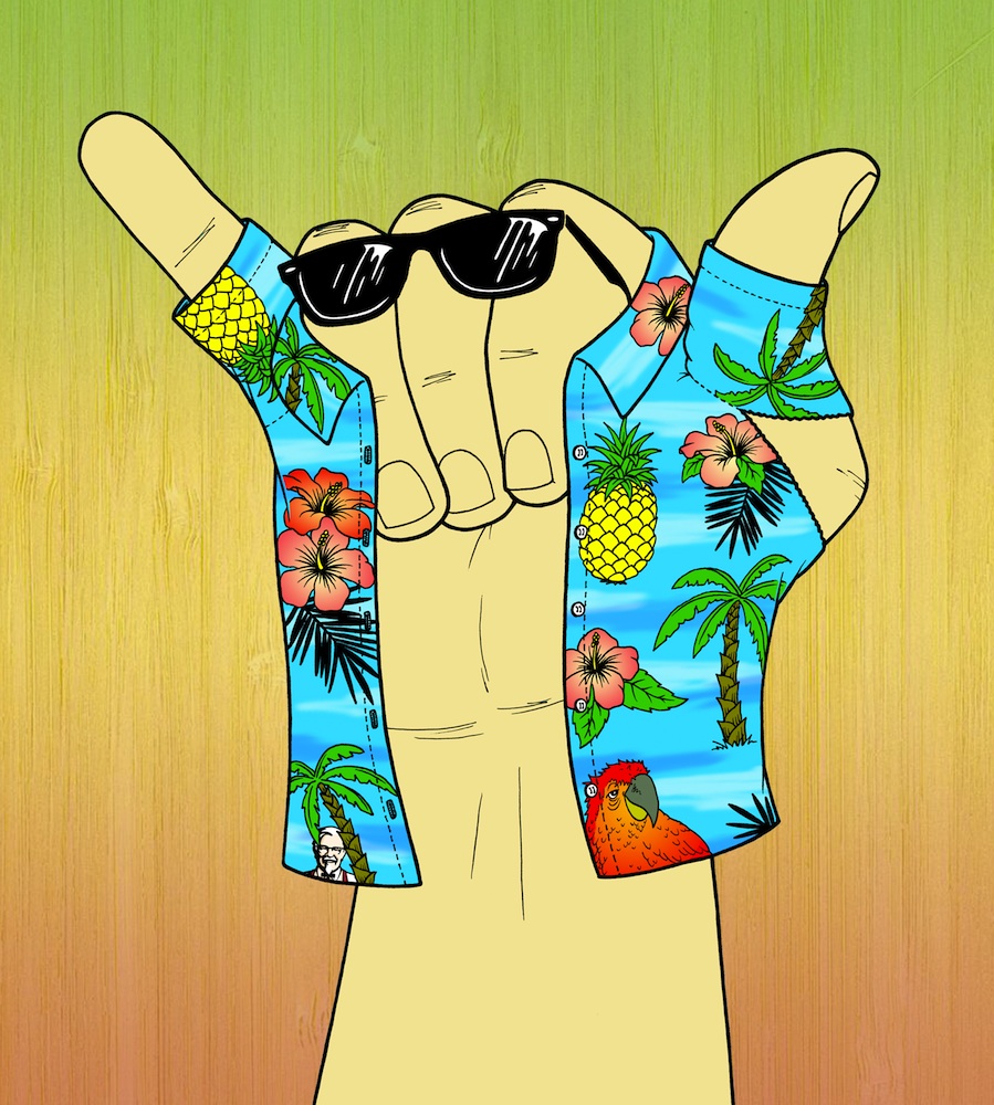 A hand making the shaka sign, wearing a vibrant Hawaiian shirt with pineapples, hibiscus, palm trees, and a parrot, plus sunglasses.