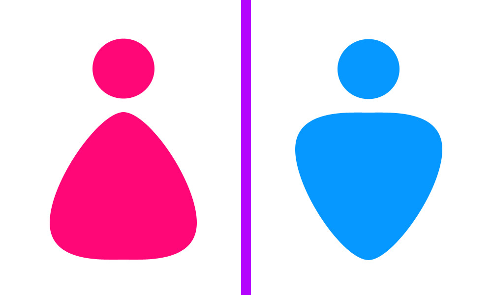 Pink and blue stylized human icons separated by a vertical purple line, representing gender distinction or binary classification.