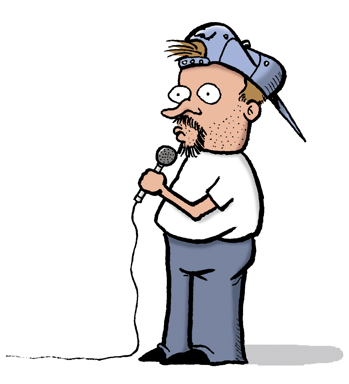 Cartoon man with backward cap, goatee, and mustache holding a microphone, standing sideways with wide eyes.